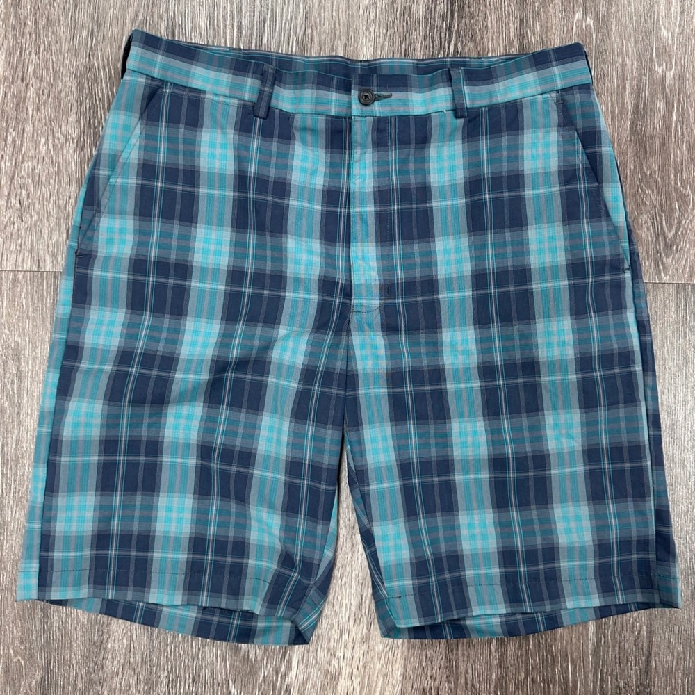 Ben Hogan Golf 2 Pair of Shorts Plaid Performance Flat Front Blue and Gray Sz 34